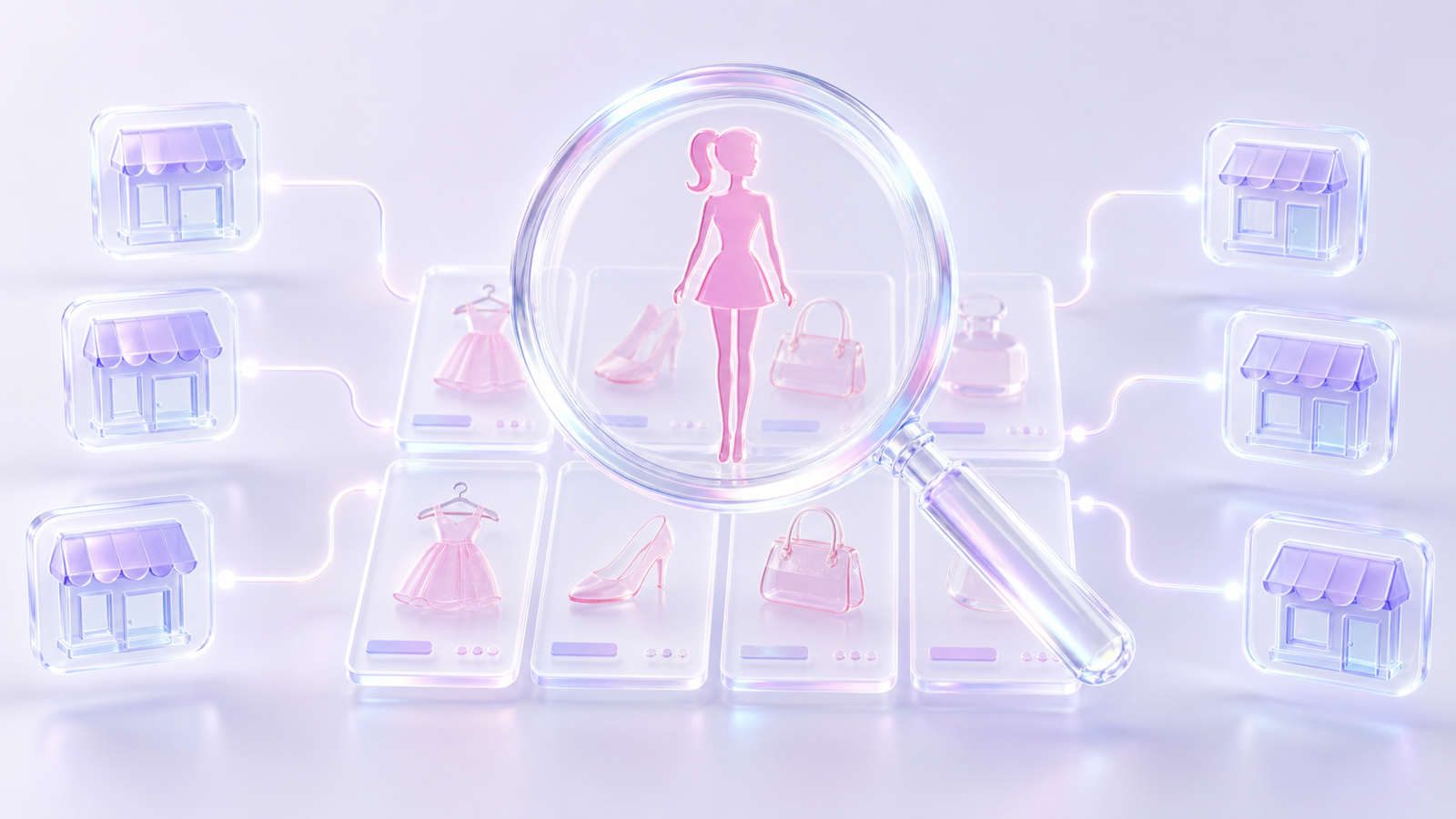 Frosted-glass 3D illustration of a doll silhouette in a magnifying glass over listing cards, connected to independent storefronts