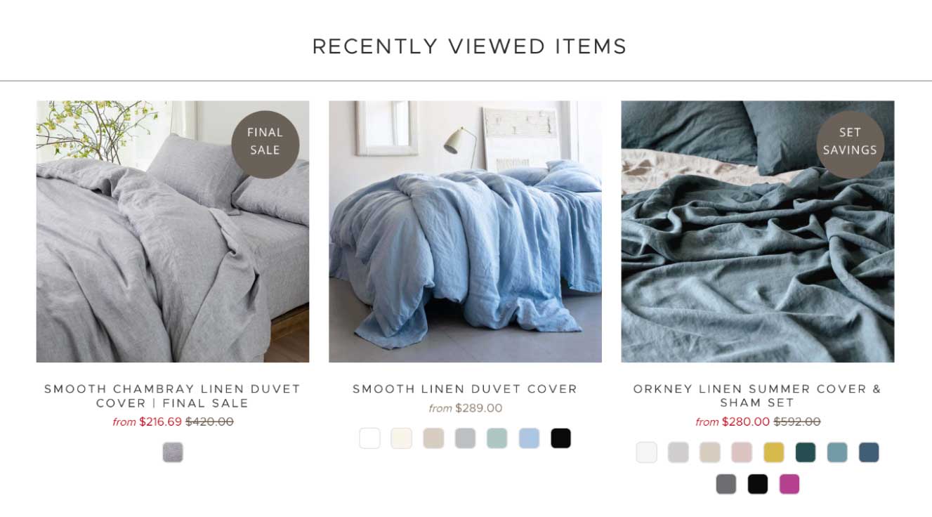 Screenshot of a Recently Viewed Items widgets displaying linens