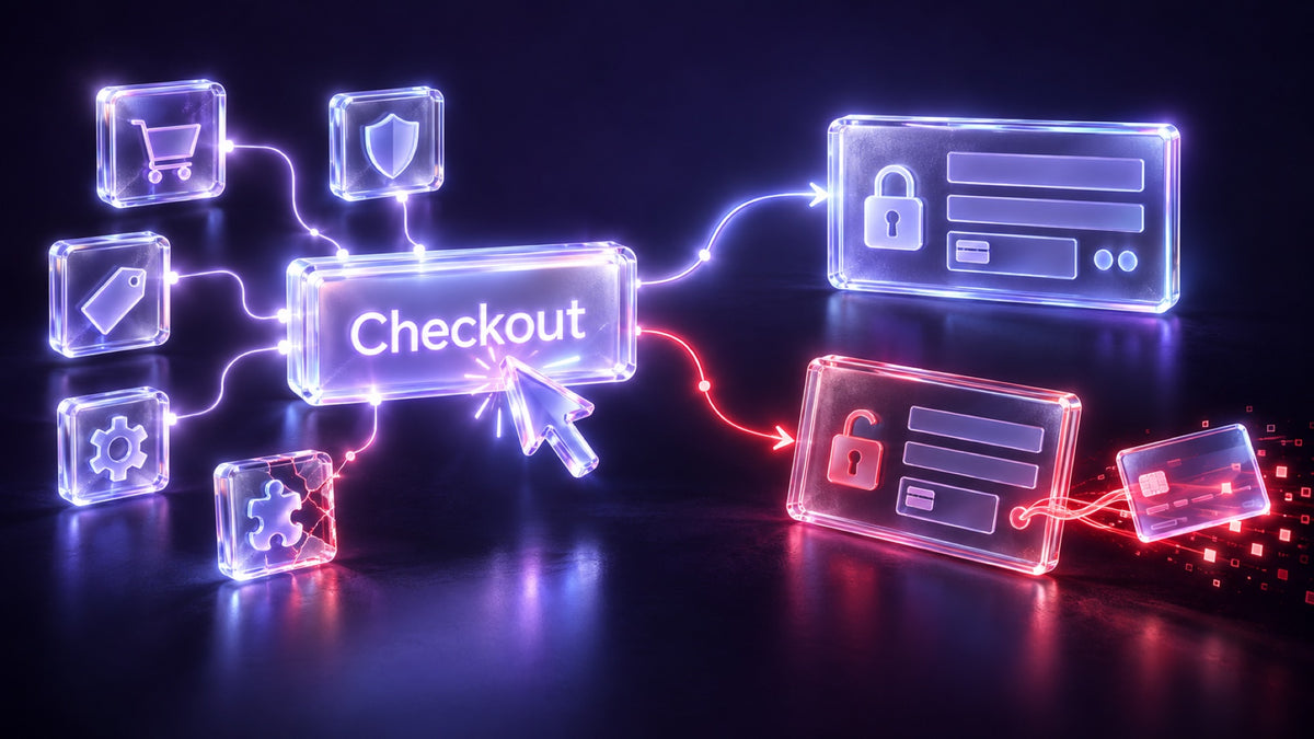 A checkout button whose path splits: one line leads to a real checkout, a red line leads to a look-alike page that takes the shopper's card