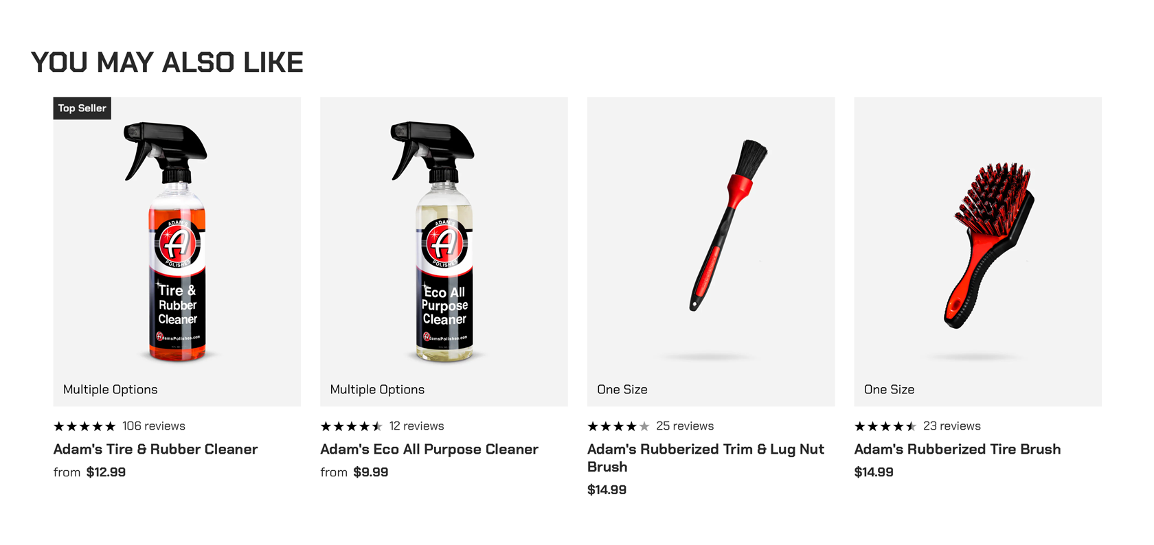 Website’s “You May Also Like” section showcasing Adam’s cleaning products and tools with ratings and prices.