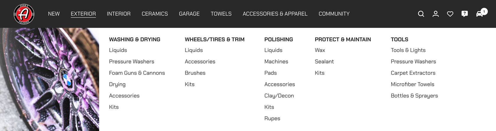 Website navigation menu for Adam’s Polishes featuring categories like NEW, EXTERIOR, INTERIOR, with a detailed sub-menu for car care products.