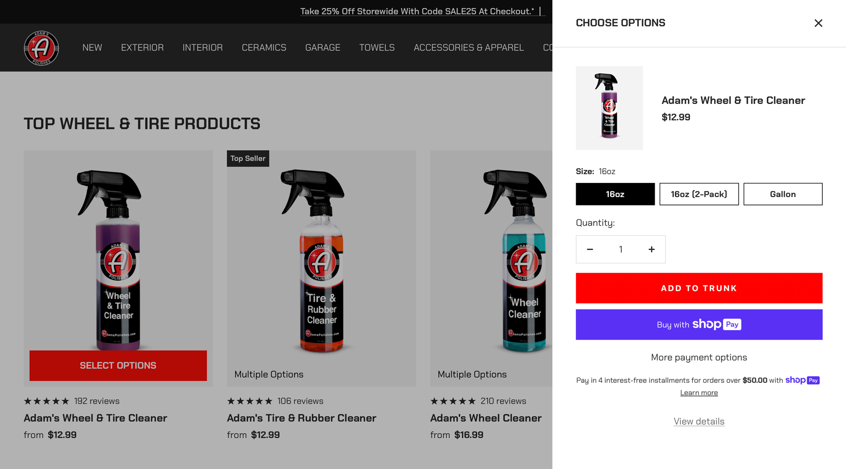 Webpage quick view screenshot of Adam’s Polishes top wheel and tire products with pricing, ratings, and purchasing options.