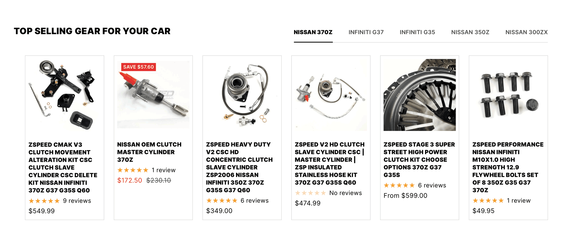 Screenshot of ZSpeed homepage, showcasing products with prices, reviews, and model options.